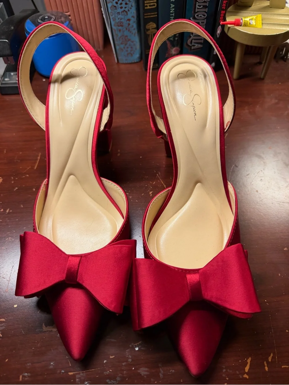 Jessica Simpson Red Satin Pointed Toe Bow Slingback Flats